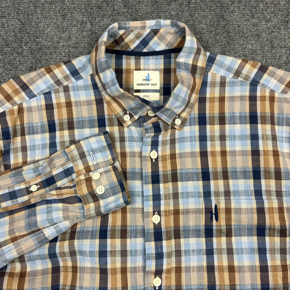 johnnie-O Hangin' Out Shirt Mens L Gulf Blue Brown Plaid Cotton Button Down